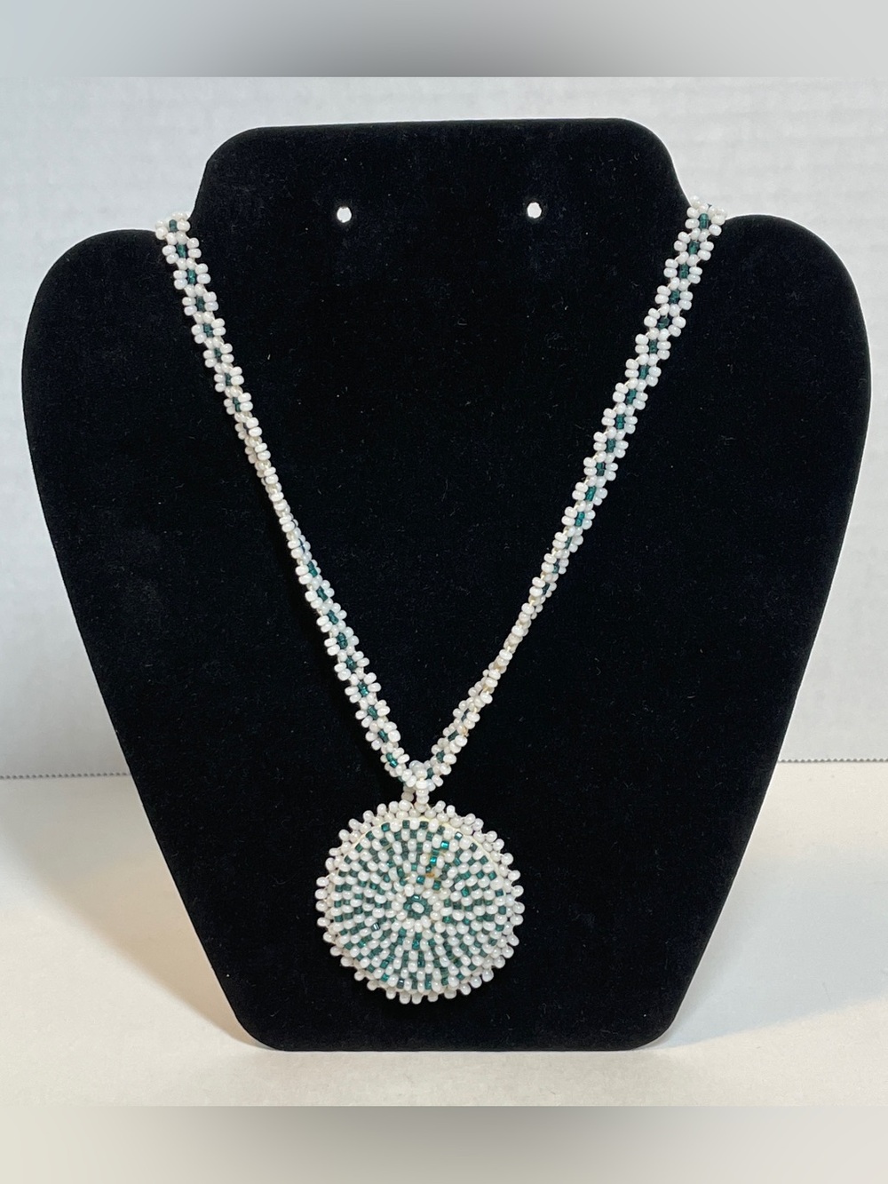 Native American Style Seed Bead Necklace with rare Double-sided Pendant  16”
